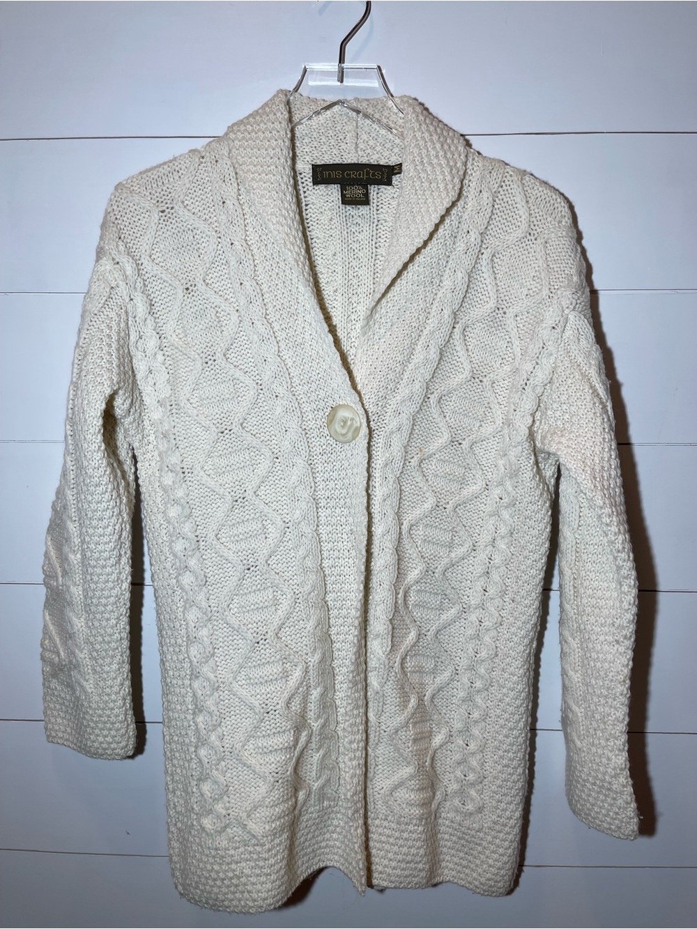 Inis Crafts Merino Wool Cream Cable Knit Shawl Collar Cardigan Sweater Size Med